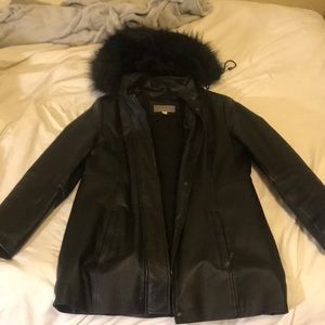 Long leather jacket with faux fur hood